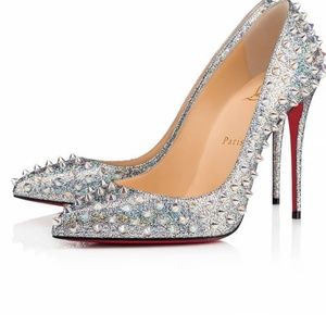 Christian Louboutin Follies Spikes 100 Silver/Clear Ab Nappa Mica Bnib 40.5
